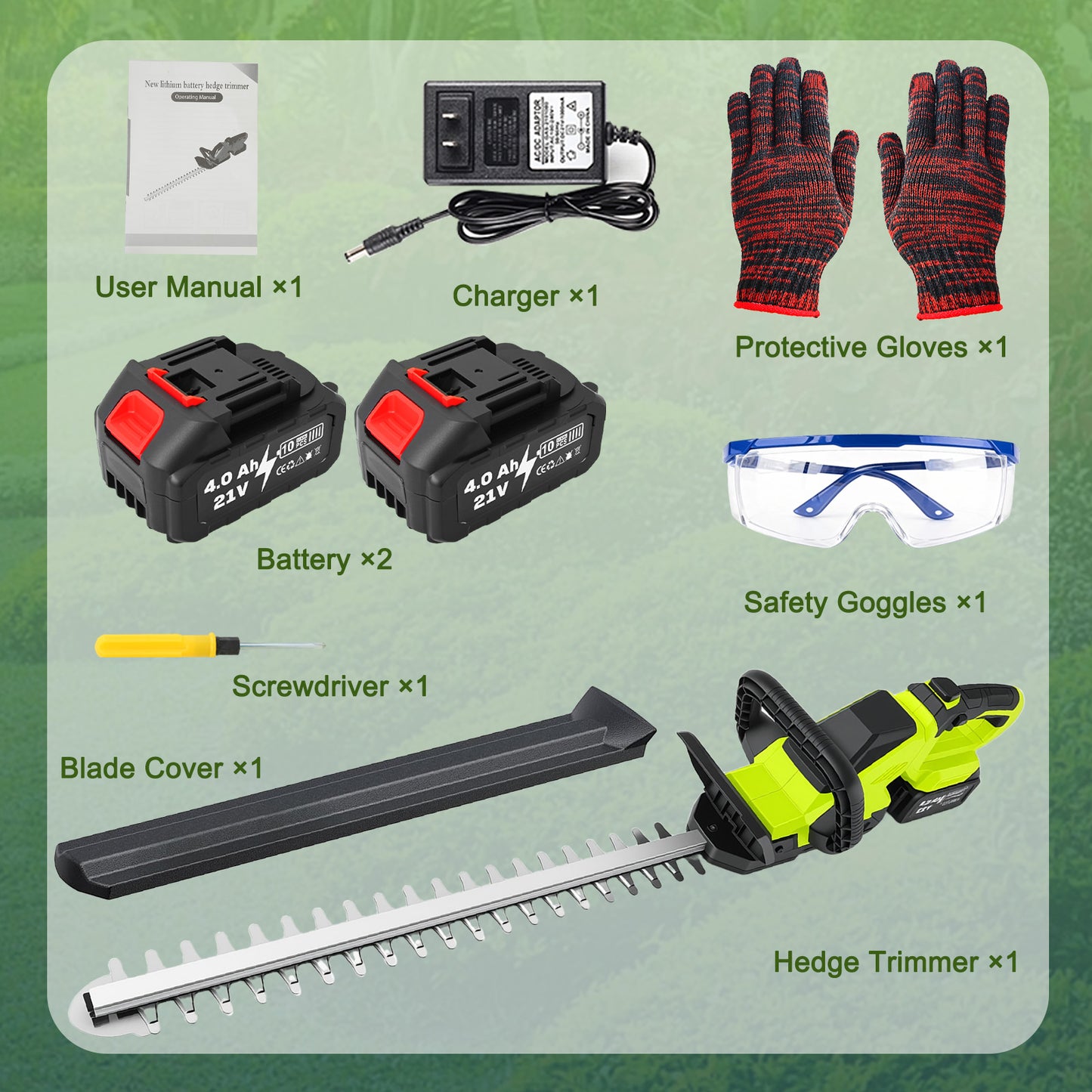 22" Cordless Hedge Trimmer, 21V Dual Action Blade Electric Bush Shrub Trimmer, 4.0Ah Battery & Charger, Green