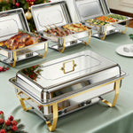 Carica l'immagine nel visualizzatore di Gallery, 4 Pack Chafing Dish Buffet Set 9QT Stainless Steel Chafing Dishes, Single/Double/Triple Compartment, Buffet Server Food Warmer for Buffet, Birthday, Holiday Parties, and Family Gatherings-Semi-gold