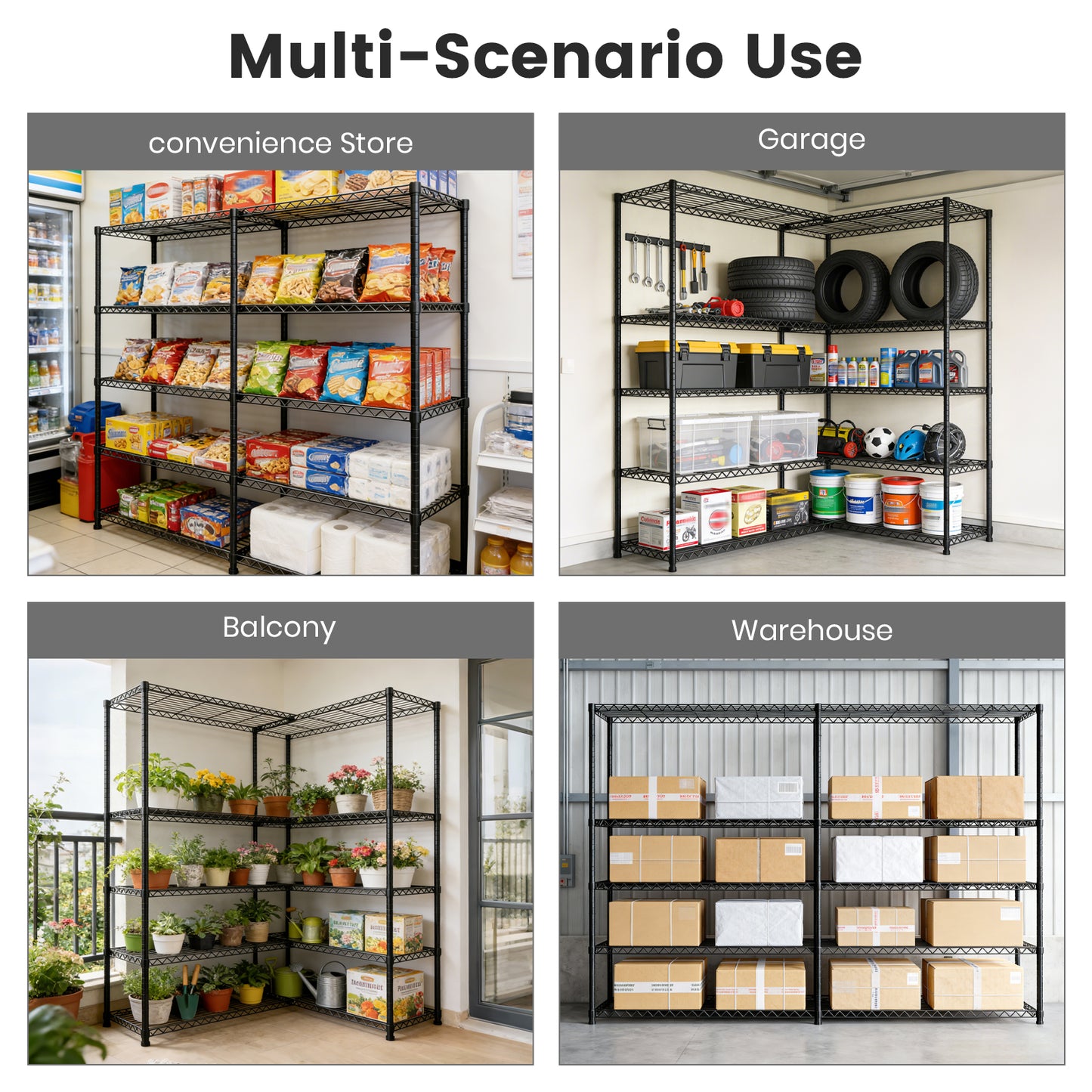 Storage Shelves, 5 Tier Adjustable Standing Storage Rack Shelves Load 2000 LBS for Kitchen Garage Commercial, 71"×13.7"×72.4", Black