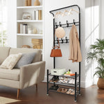 Lade das Bild in den Galerie-Viewer, Also go 3-in-1 Coat Rack Shoe Bench Entryway Hall Tree with 9 Hooks and 3-Tier Shoe Storage Bench, Metal Coat Hat Stand Rod for Hanging Jacket, Easy Assembly, Black