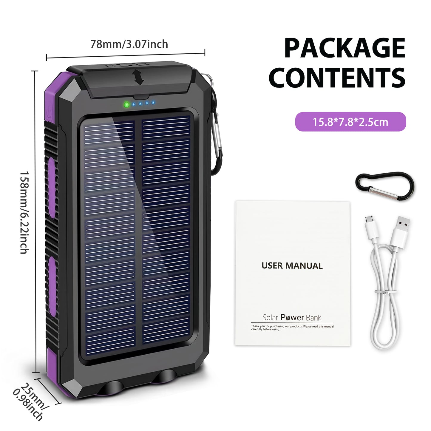 BAOKALER 30000mAh Solar Charger for Cell Phone iPhone, Portable Solar Power Bank with Dual 5V USB Ports, 2 Led Light Flashlight, Compass Battery Pack for Outdoor Camping Hiking(Purple)
