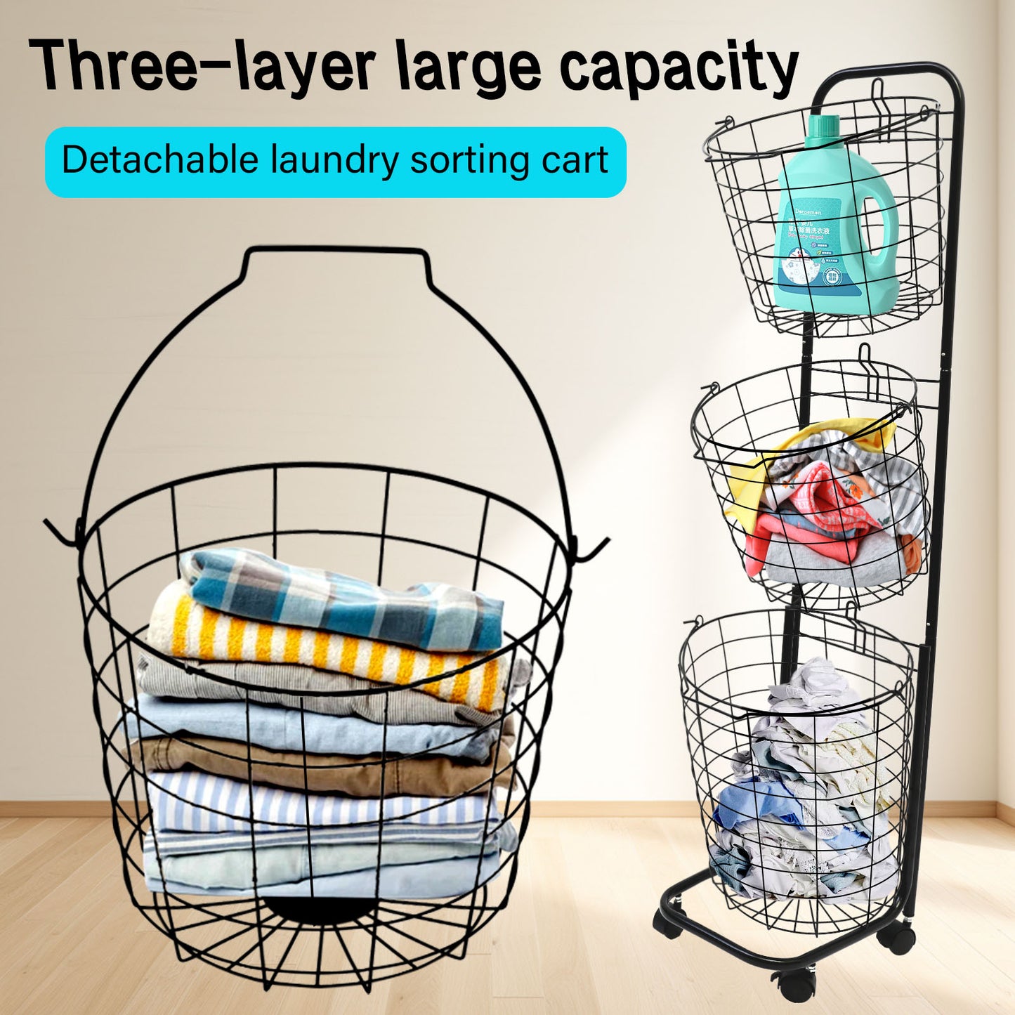 Amstech Removable 3 Tier Laundry Basket, Large Capacity Wire Basket Laundry Hamper with Wheels, for Bathroom Bedroom Laundry Room, Black