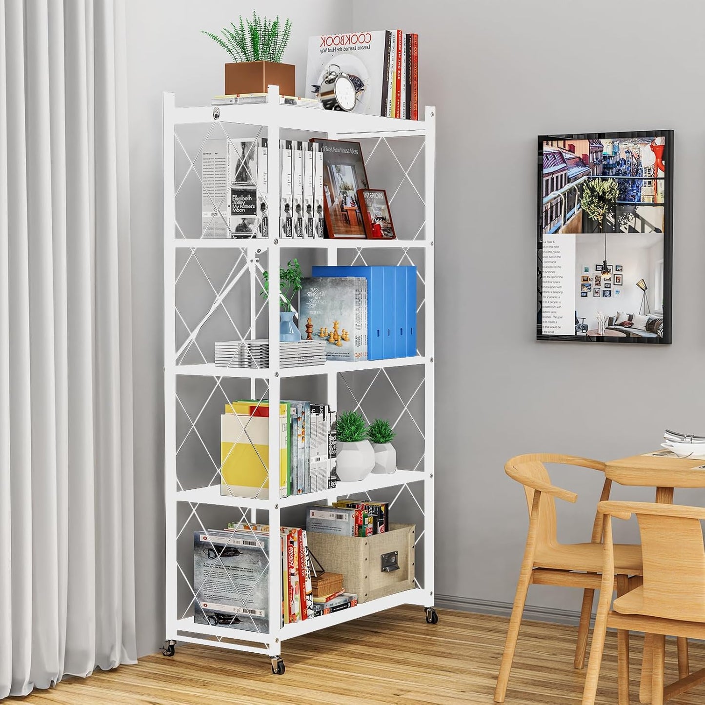 5 Tier Foldable Storage Shelves with Wheels, Large Capacity Shelving Unit, Freestanding Metal Wire Shelf Rack, No Assembly Organizer Rack for Garage Kitchen, Basement, Pantry(White)