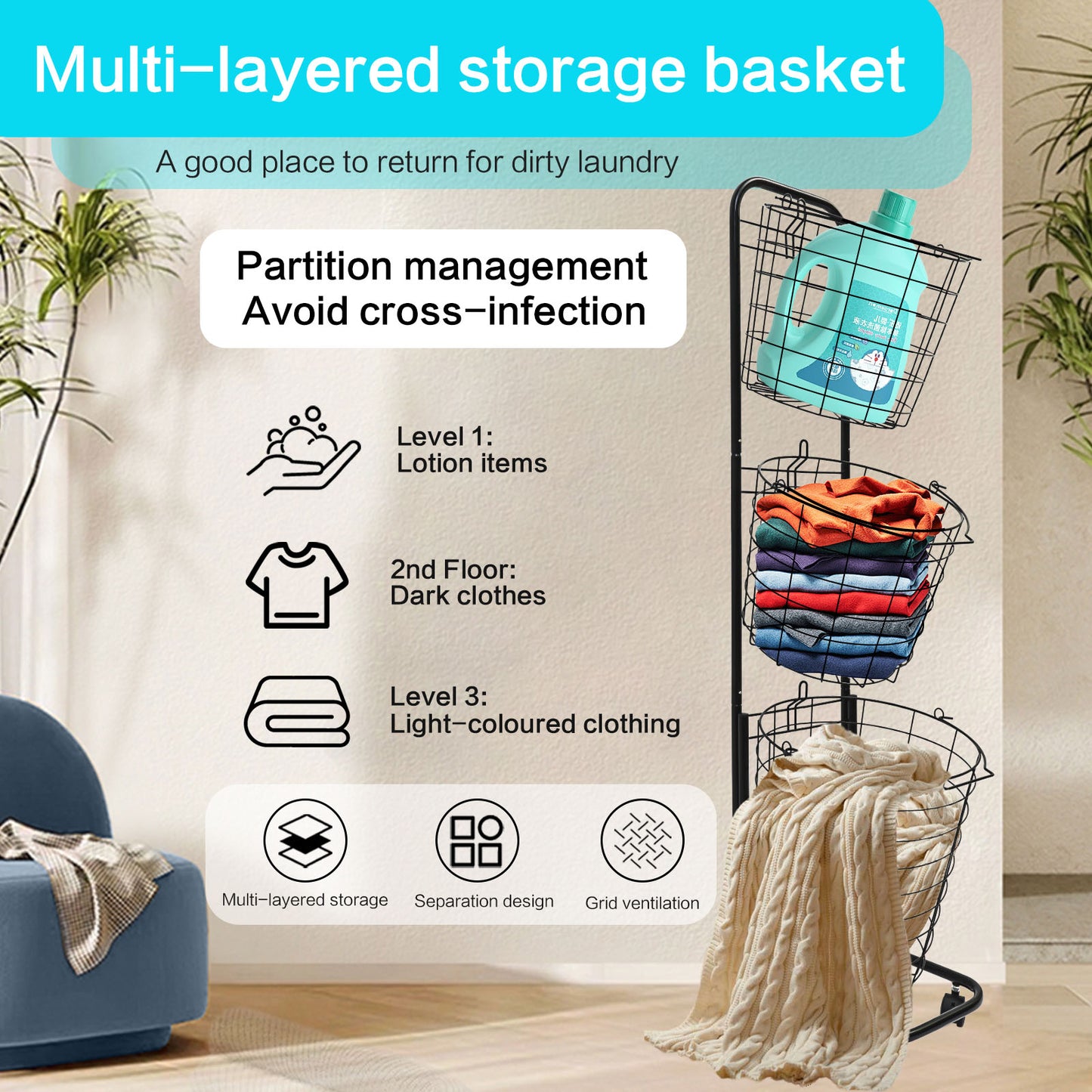 3 Tier Laundry Basket with Lockable Wheels, Wire Metal Sorter Storage Trolley with 3 Removable Basket, Durable Clothes Storage Hamper, Black