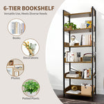 Load image into Gallery viewer, Amstech Bookshelf 6 Tier with 4 Hooks, Metal Framed Free-Standing Storage Shelf for Living Room and Home Office, Vintage