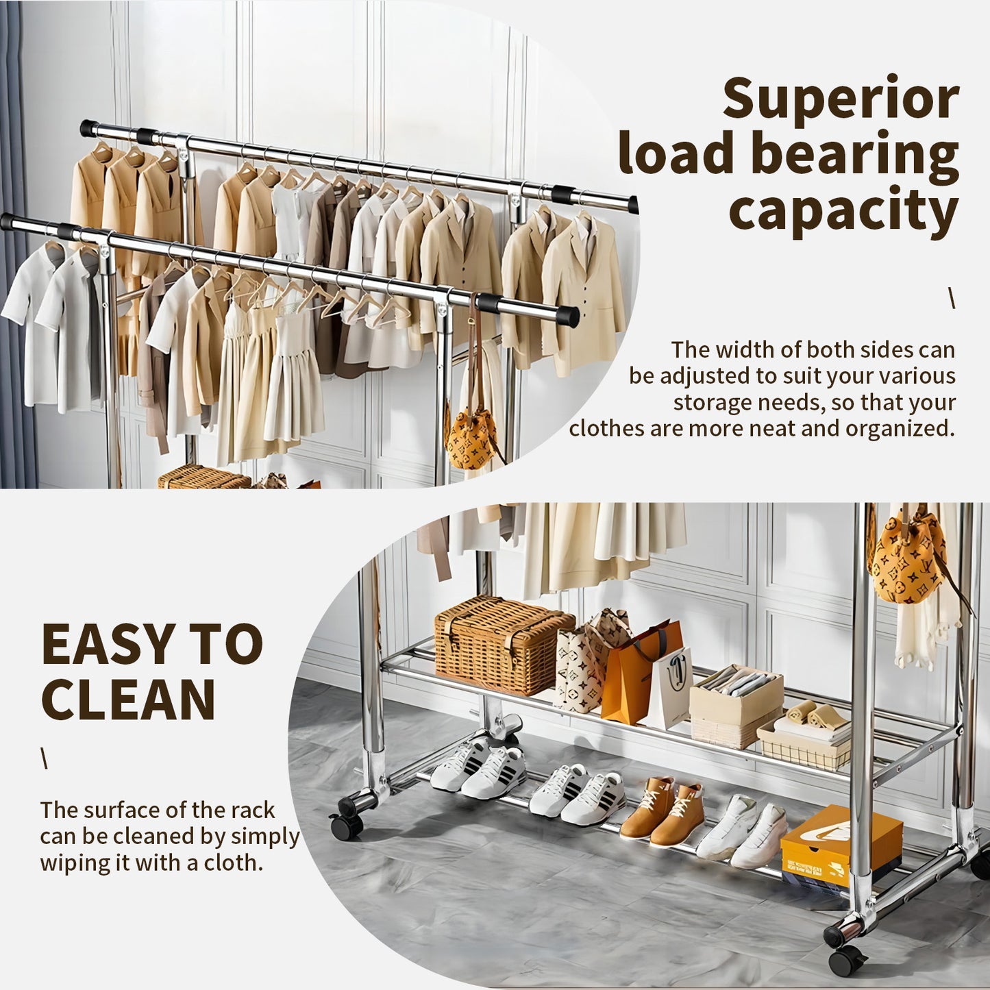 Clothes Rack Heavy Duty, Rolling Clothing Rack for Hanging Clothes, Double Rail Garment Rack, Adjustable Clothes Organizer on Wheels