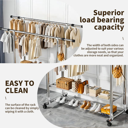 Clothes Rack Heavy Duty, Rolling Clothing Rack for Hanging Clothes, Double Rail Garment Rack, Adjustable Clothes Organizer on Wheels