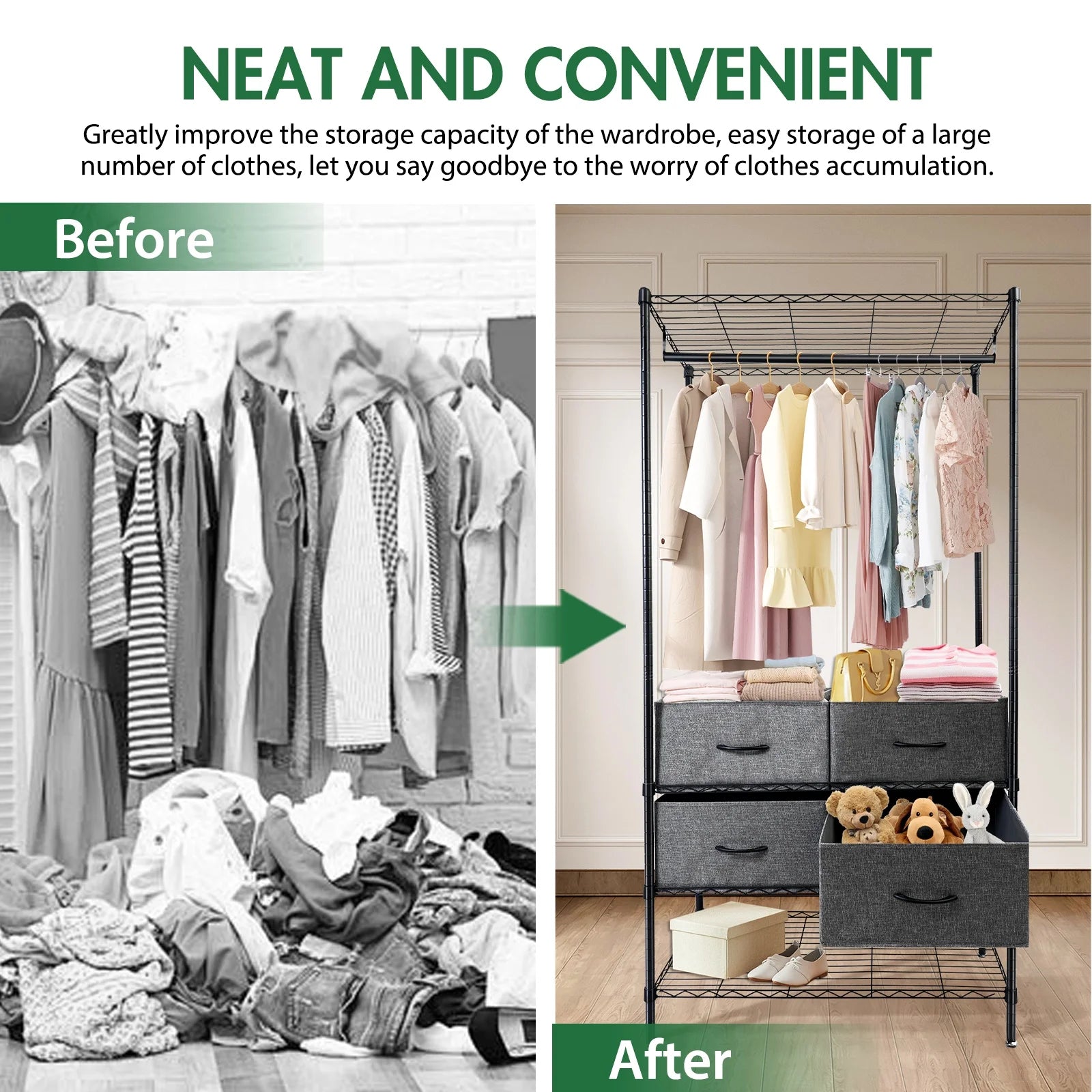 Heavy Duty Clothes Rack with 4 Fabric Drawers Adjustable Metal Wire Garment Rack W/Hanging Rod, DIY Freestanding Clothing Rack, 400lbs Load Capacity, Black
