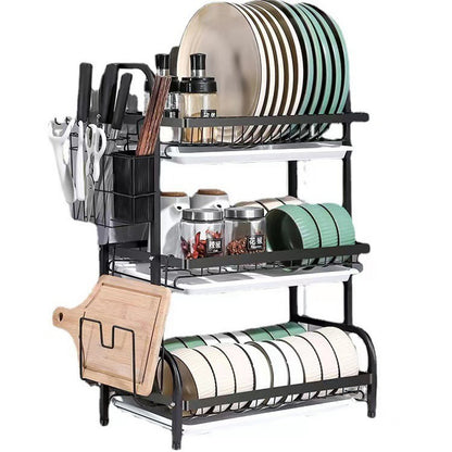 3 Tier Dish Rack for Kitchen, Rustproof Dish Drying Rack with Drain Trays, Stainless Steel Dish Drainer, Multifunctional Drying Rack for Dishes with Knife Holder Cutting Board Holder, Black