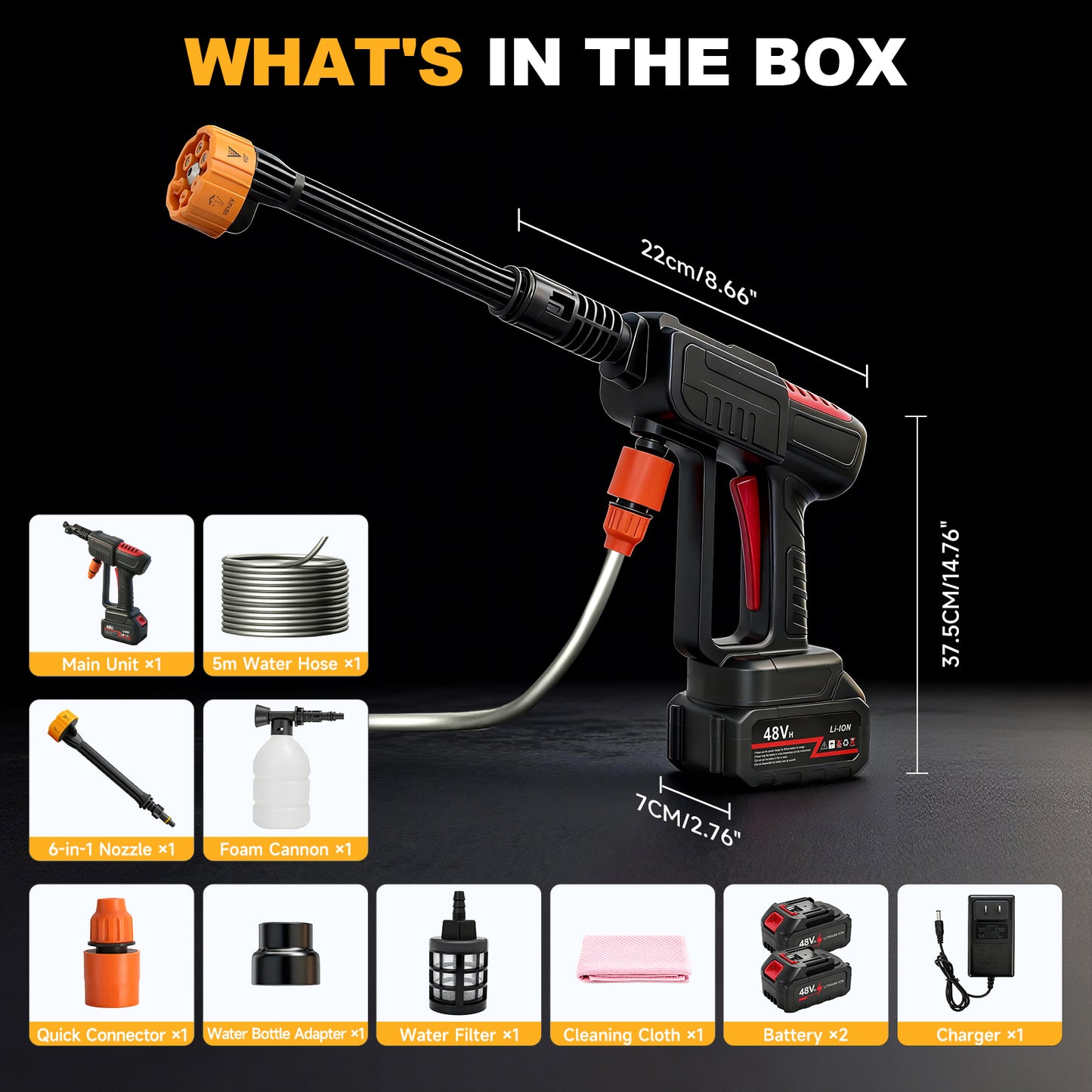 BAOKALER 970PSI Cordless Pressure Washer with 2 x 4.0Ah Rechargeable Batteries, Portable Pressure Washer with 6-in-1 Adjustable Nozzle for Cars/Patios