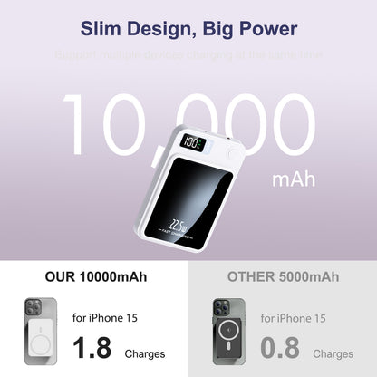 10000mAh 2-in-1 Wireless Power Bank, Magnetic Portable Charger with LED Power Display, Fast Charging 22.5W Battery Pack, Suitable for Outdoor Travel Emergency Backup Power Bank, White