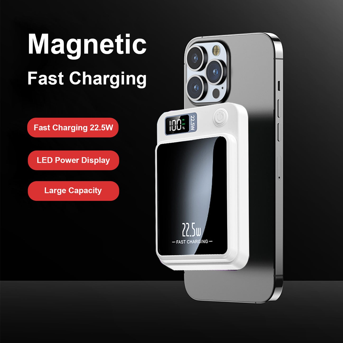 10000mAh 2-in-1 Wireless Power Bank, Magnetic Portable Charger with LED Power Display, Fast Charging 22.5W Battery Pack, Suitable for Outdoor Travel Emergency Backup Power Bank, White