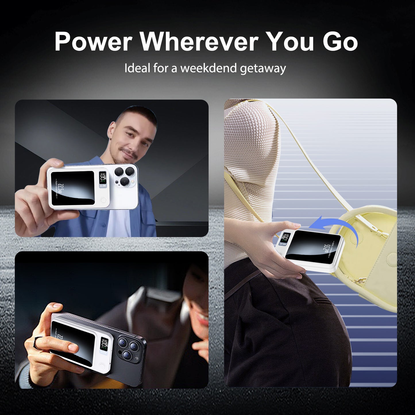 10000mAh 2-in-1 Wireless Power Bank, Magnetic Portable Charger with LED Power Display, Fast Charging 22.5W Battery Pack, Suitable for Outdoor Travel Emergency Backup Power Bank, White