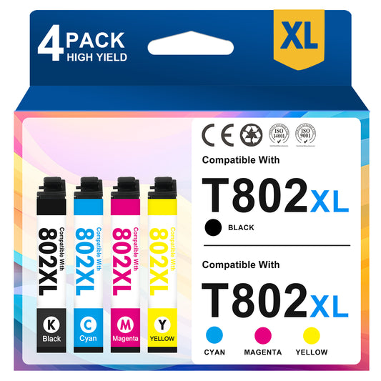 802 Ink Cartridges 4 PACK Compatible for Epson 802 802XL T802XL T802 Ink for Workforce pro WF-4730 WF-4734 WF-4740 WF4740 WF4730 WF4734 Printers | 802 XL Black,Cyan,Magenta,Yellow