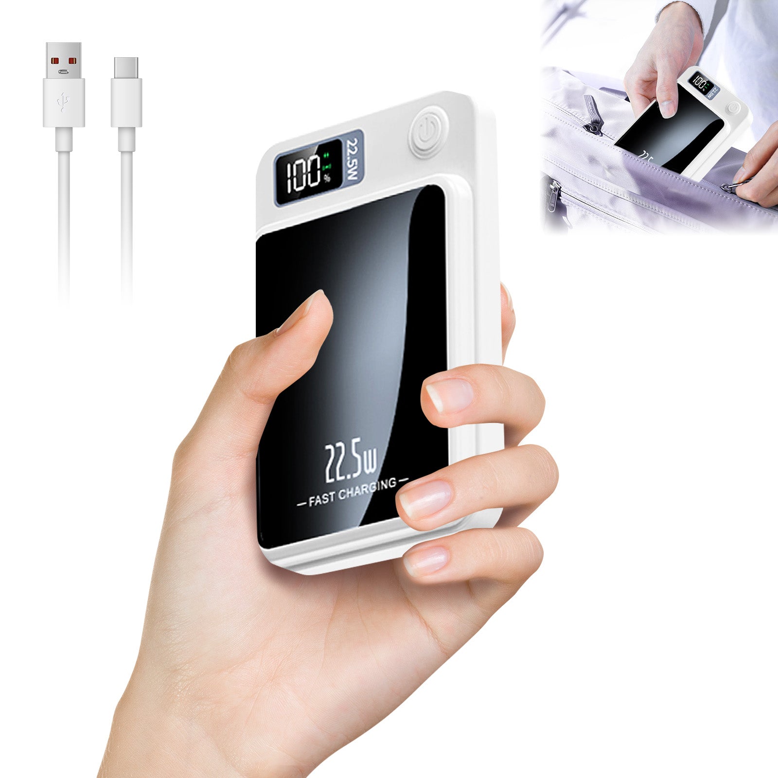 10000mAh 2-in-1 Wireless Power Bank, Magnetic Portable Charger with LED Power Display, Fast Charging 22.5W Battery Pack, Suitable for Outdoor Travel Emergency Backup Power Bank, White