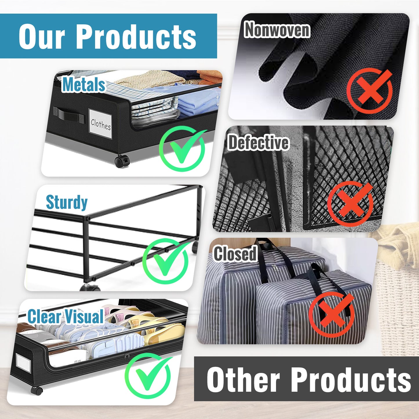 Under Bed Storage with Wheels, 4-Pack UnderBed Storage Containers with Clear Lids, XXL 60L Under the Bed Storage Organizer Bins, Rolling Under Bed Metal Drawer for Clothes,Shoes,Toys (Black)