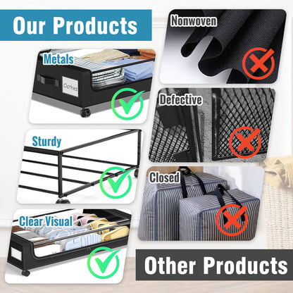 Under Bed Storage with Wheels, 4-Pack UnderBed Storage Containers with Clear Lids, XXL 60L Under the Bed Storage Organizer Bins, Rolling Under Bed Metal Drawer for Clothes,Shoes,Toys (Black)