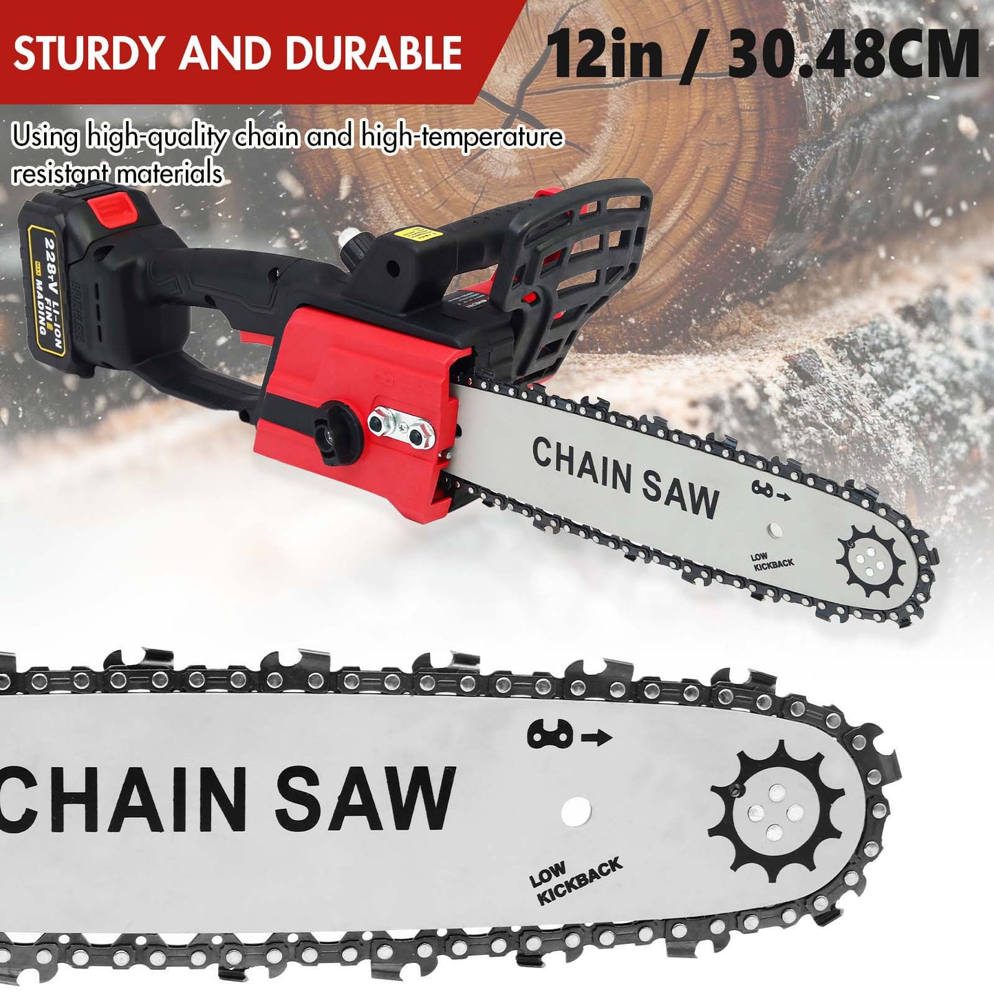 12 inch Cordless Chainsaw with 21V 3.0Ah Battery and Charger, Electric Handheld Chainsaw for Tree Trimming, Wood Cutting, Outdoor Yard Work, 800W