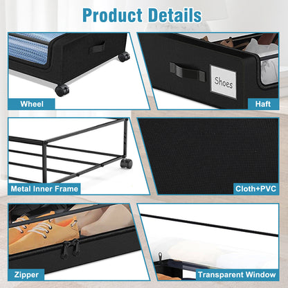 Under Bed Storage with Wheels, 4-Pack UnderBed Storage Containers with Clear Lids, XXL 60L Under the Bed Storage Organizer Bins, Rolling Under Bed Metal Drawer for Clothes,Shoes,Toys (Black)