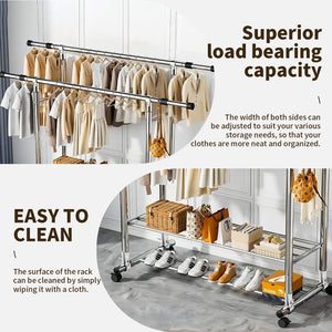 Clothes Rack Heavy Duty, Rolling Clothing Rack for Hanging Clothes, Double Rail Garment Rack, Adjustable Clothes Organizer on Wheels