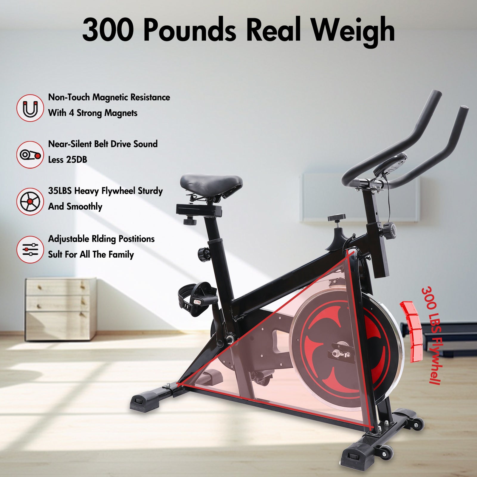 Amstech Exercise Bike with Magnetic Resistance, Quiet Belt Drive, Heavy Flywheel, Stationary Cycling Bike with Comfortable Seat Cushion & Enhanced LCD Monitor for Home Office Workouts