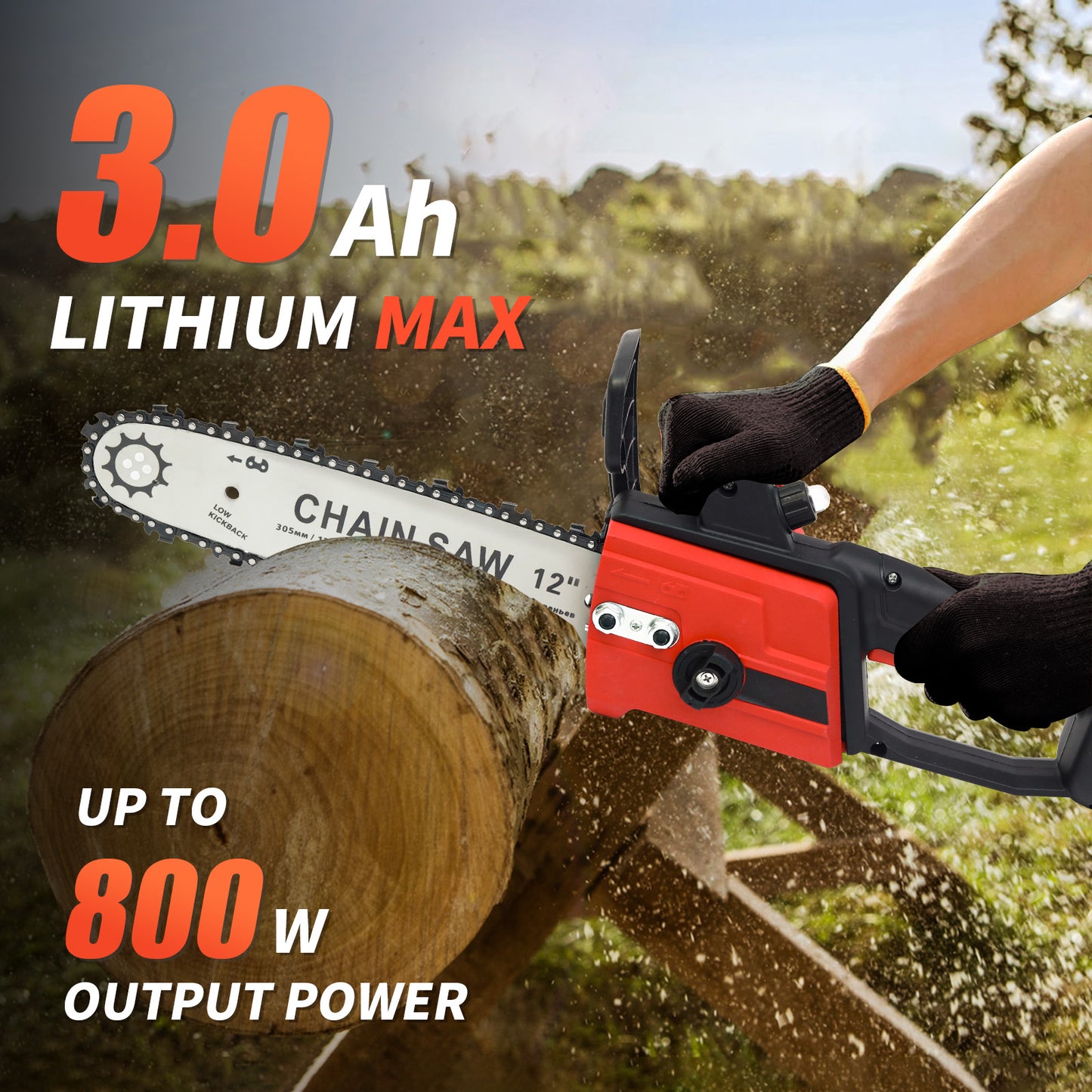12 inch Cordless Chainsaw with 21V 3.0Ah Battery and Charger, Electric Handheld Chainsaw for Tree Trimming, Wood Cutting, Outdoor Yard Work, 800W