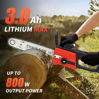 12 inch Cordless Chainsaw with 21V 3.0Ah Battery and Charger, Electric Handheld Chainsaw for Tree Trimming, Wood Cutting, Outdoor Yard Work, 800W