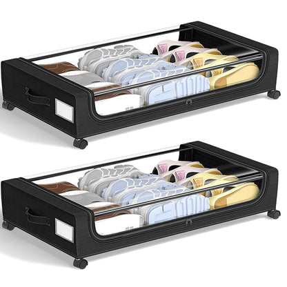 Under Bed Storage with Wheels, 4-Pack UnderBed Storage Containers with Clear Lids, XXL 60L Under the Bed Storage Organizer Bins, Rolling Under Bed Metal Drawer for Clothes,Shoes,Toys (Black)