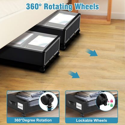 Under Bed Storage with Wheels, 4-Pack UnderBed Storage Containers with Clear Lids, XXL 60L Under the Bed Storage Organizer Bins, Rolling Under Bed Metal Drawer for Clothes,Shoes,Toys (Black)