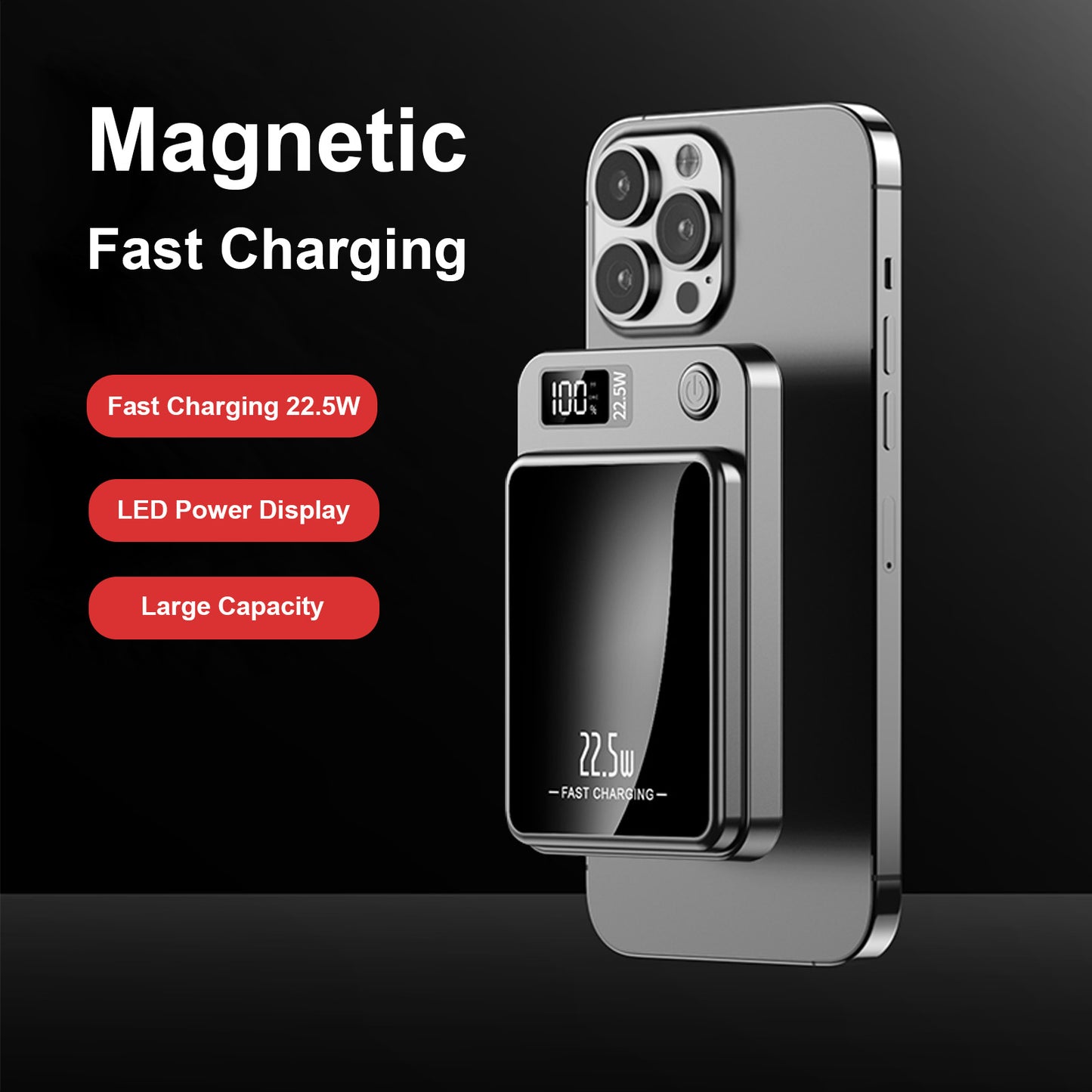 10000mAh Magnetic Mini Power Bank, Magnetic Portable Charger, 20W Fast Wireless Charging, with LED Display, Compatible with iPhones, Black