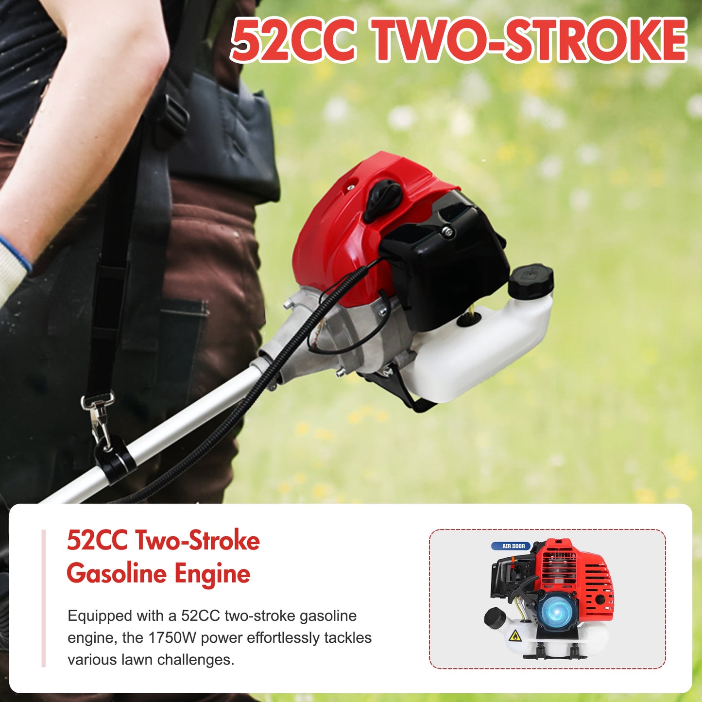 BAOKALER 52CC Gasoline Grass String Trimmer, 2-Stroke Gas Powered Weed Eater, Weed Wacker with 4 Detachable Heads
