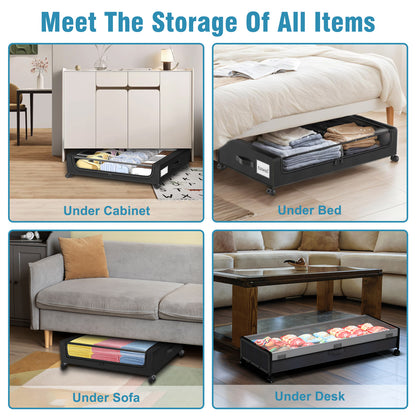 Under Bed Storage with Wheels, 4-Pack UnderBed Storage Containers with Clear Lids, XXL 60L Under the Bed Storage Organizer Bins, Rolling Under Bed Metal Drawer for Clothes,Shoes,Toys (Black)