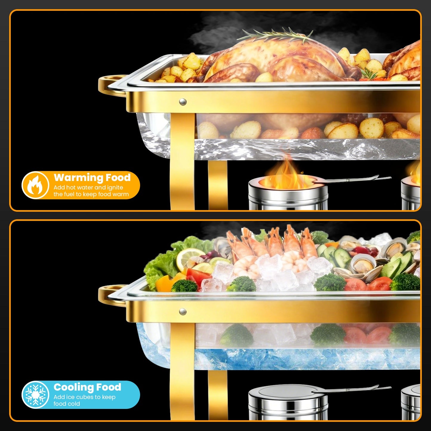 4 Pack Chafing Dish Buffet Set 9QT Stainless Steel Chafing Dishes, Single/Double/Triple Compartment, Buffet Server Food Warmer for Buffet, Birthday, Holiday Parties, and Family Gatherings-Semi-gold