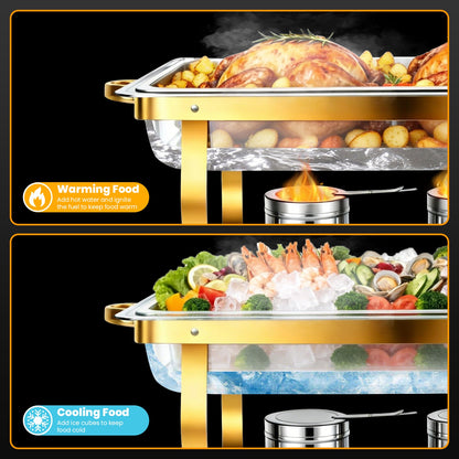 4 Pack Chafing Dish Buffet Set 9QT Stainless Steel Chafing Dishes, Single/Double/Triple Compartment, Buffet Server Food Warmer for Buffet, Birthday, Holiday Parties, and Family Gatherings-Semi-gold