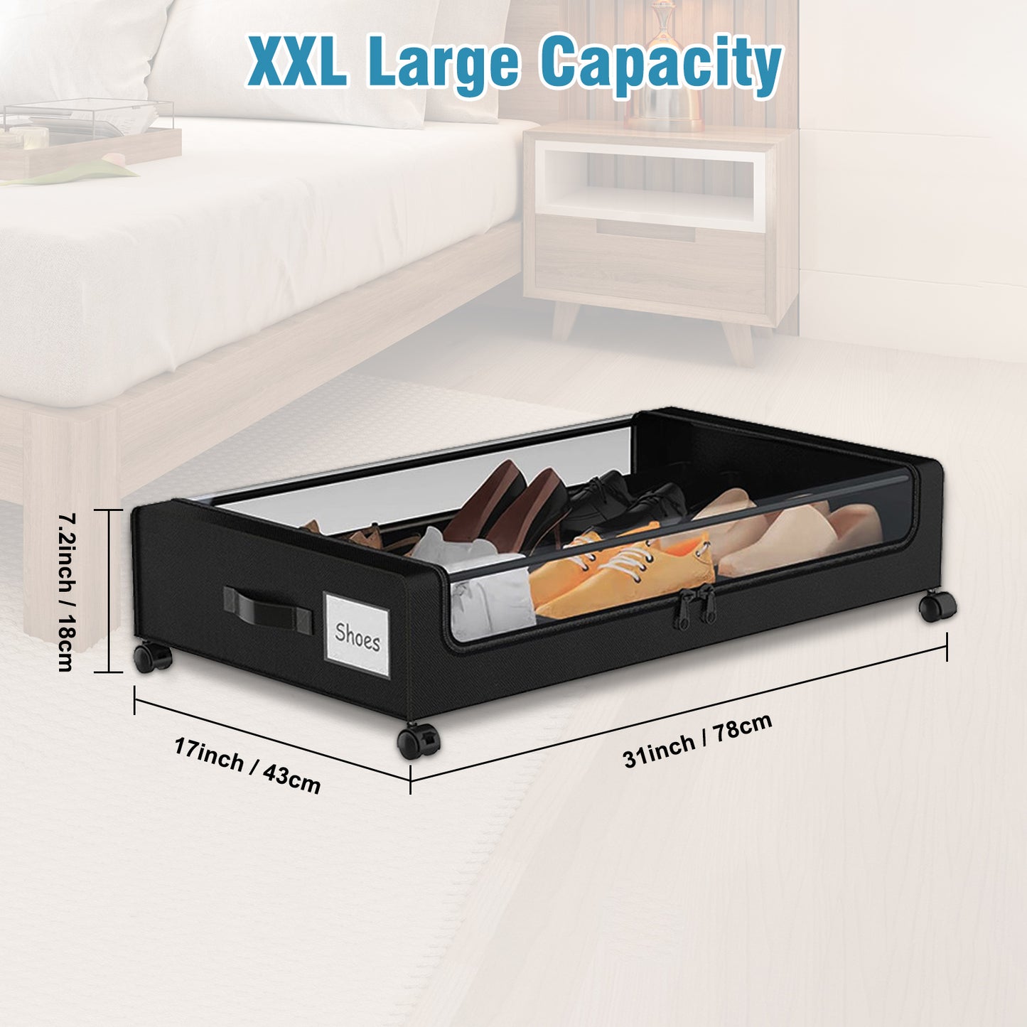Under Bed Storage with Wheels, 4-Pack UnderBed Storage Containers with Clear Lids, XXL 60L Under the Bed Storage Organizer Bins, Rolling Under Bed Metal Drawer for Clothes,Shoes,Toys (Black)