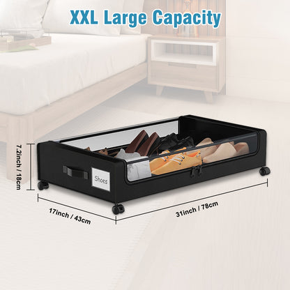 Under Bed Storage with Wheels, 4-Pack UnderBed Storage Containers with Clear Lids, XXL 60L Under the Bed Storage Organizer Bins, Rolling Under Bed Metal Drawer for Clothes,Shoes,Toys (Black)