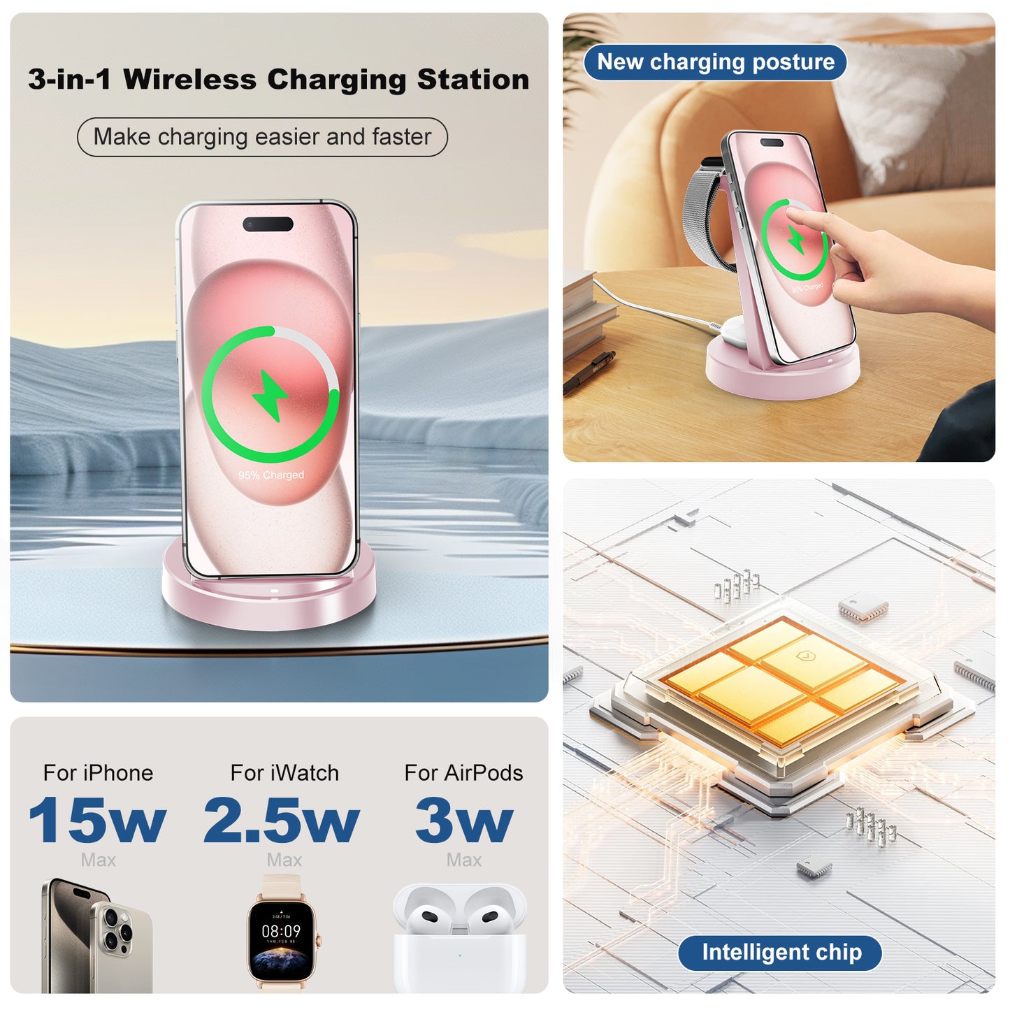 Wireless Charger for iPhone, 3 in 1 Charging Station Compatible with iPhone 17 to 12, Compatible with iWatch Series, Compatible with Airpods 4 3 2 Pro, Pink