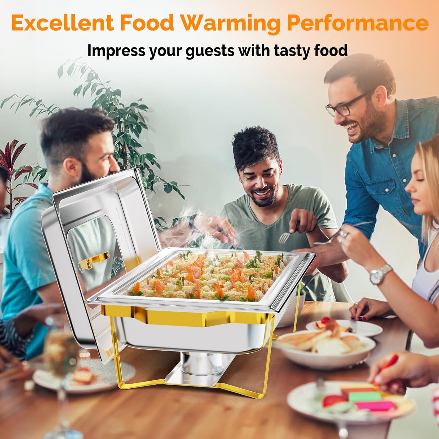 IAMSTECH Chafing Dish Buffet Set 4Pack, 9QT Rectangular Stainless Steel Chafer and Buffet Warmer Sets for Hotel Catering, Parties, Weddings(Gold)
