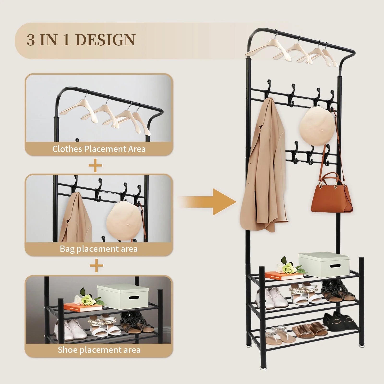Also go 3-in-1 Coat Rack Shoe Bench Entryway Hall Tree with 9 Hooks and 3-Tier Shoe Storage Bench, Metal Coat Hat Stand Rod for Hanging Jacket, Easy Assembly, Black