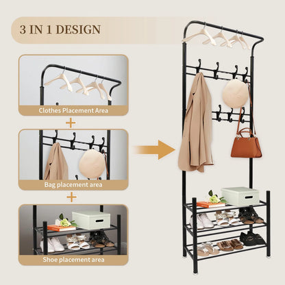 Also go 3-in-1 Coat Rack Shoe Bench Entryway Hall Tree with 9 Hooks and 3-Tier Shoe Storage Bench, Metal Coat Hat Stand Rod for Hanging Jacket, Easy Assembly, Black