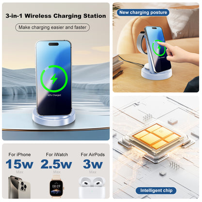 Wireless Charger for iPhone 17 16 15 14 13 12, Charging Station for Airpods 4 3 2, for Apple Watch Series, 3 in 1 Charger Station for Apple Multiple Devices, Blue