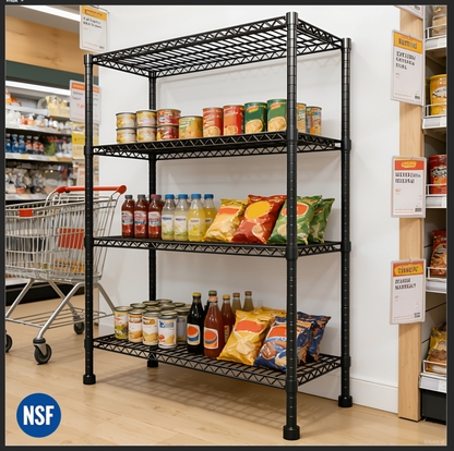 Storage Shelves, 4 Tier 43.3"×17.7"×63" Metal Shelves for Kitchen, Adjustable Heavy Duty Steel Wire Rack Storage Shelving Organizer, Black