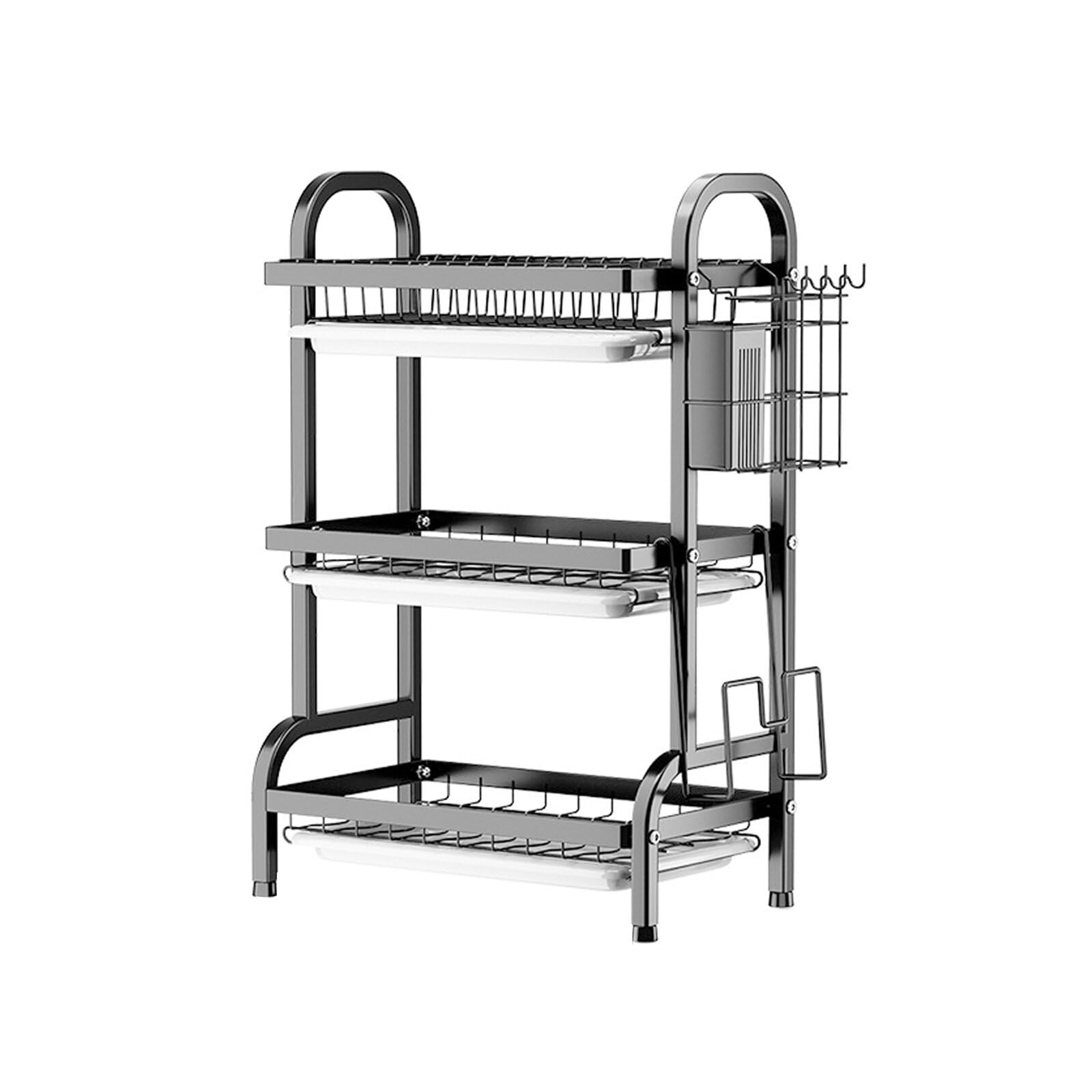 3 Tier Dish Rack for Kitchen, Rustproof Dish Drying Rack with Drain Trays, Stainless Steel Dish Drainer, Multifunctional Drying Rack for Dishes with Knife Holder Cutting Board Holder, Black