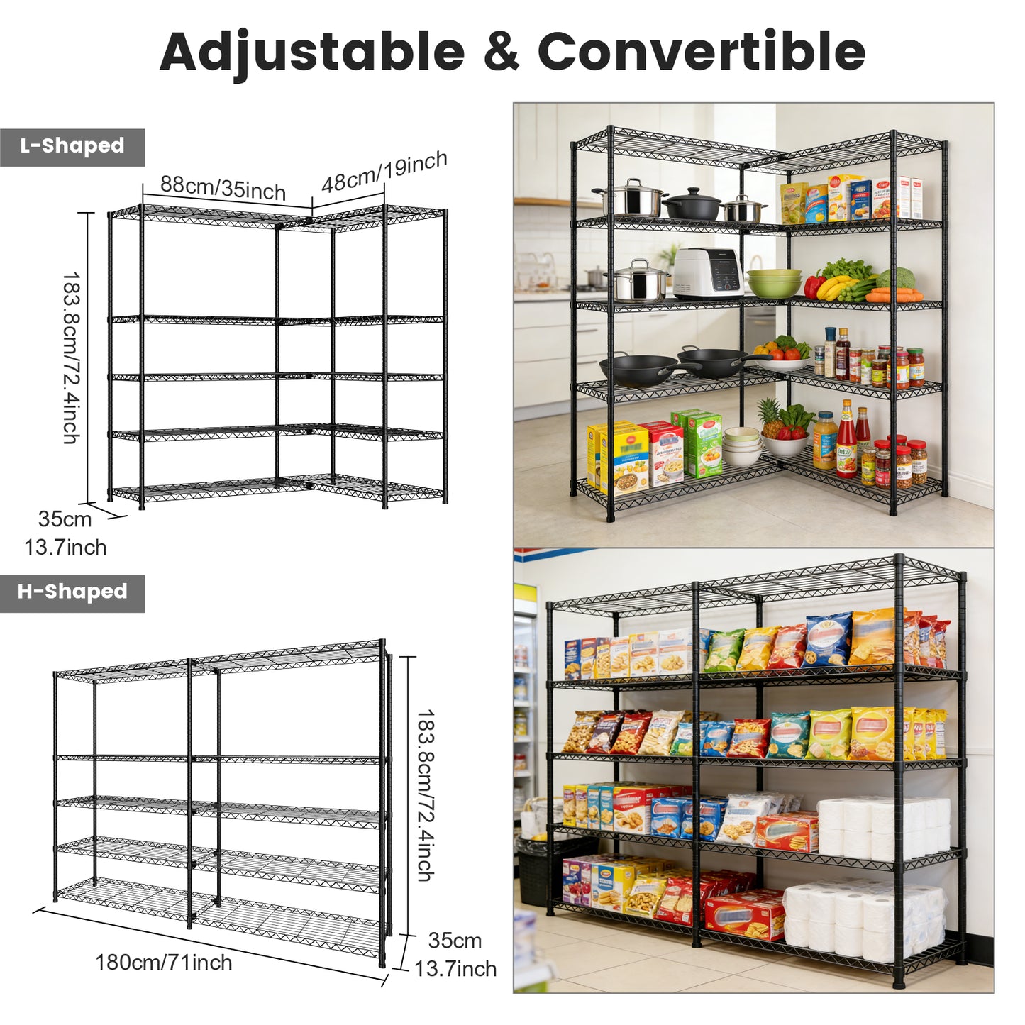 Storage Shelves, 5 Tier Adjustable Standing Storage Rack Shelves Load 2000 LBS for Kitchen Garage Commercial, 71"×13.7"×72.4", Black