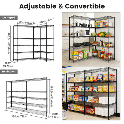 Storage Shelves, 5 Tier Adjustable Standing Storage Rack Shelves Load 2000 LBS for Kitchen Garage Commercial, 71"×13.7"×72.4", Black