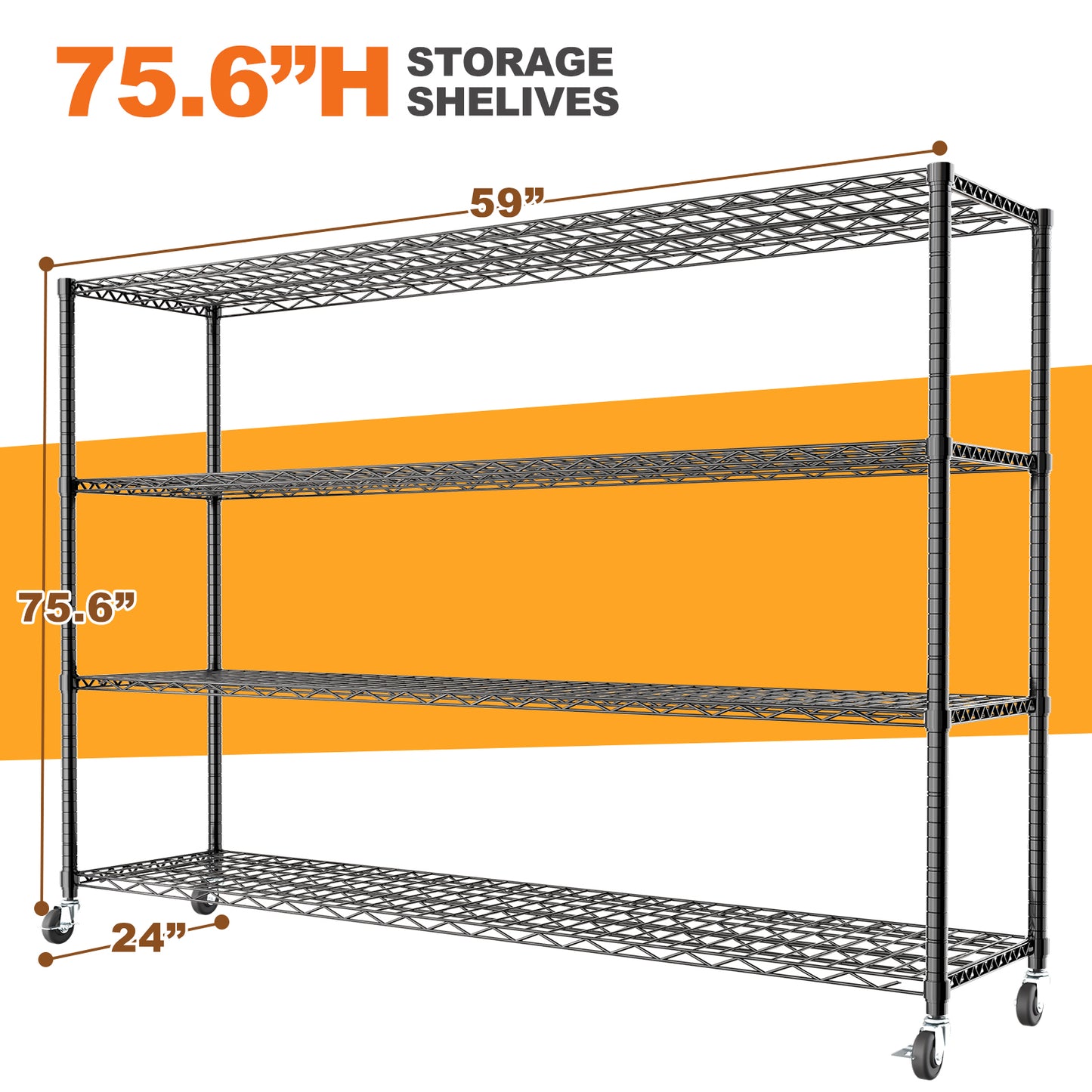 Storage Shelves Metal Shelving Unit with Wheels, 4 Tier Shelving Heavy Duty Wire Shelves for Garage, 59"×24"×75.6", Black