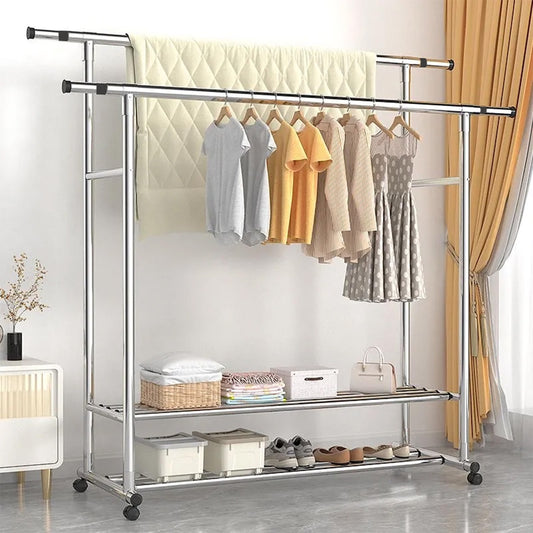 Clothes Rack Heavy Duty, Rolling Clothing Rack for Hanging Clothes, Double Rail Garment Rack, Adjustable Clothes Organizer on Wheels