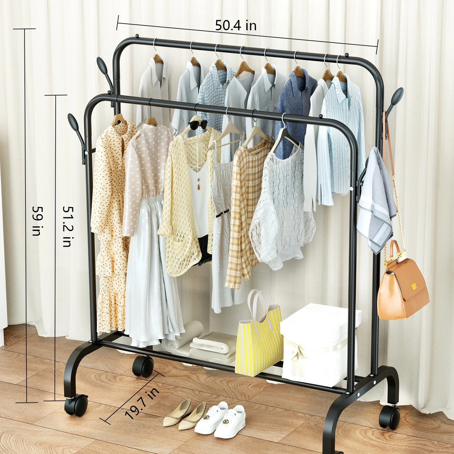 Clothes-Rack-for-Hanging-Clothes,-Double-Rods-Clothes-Rack-with-Wheels,-Multi-functional-Clothing-Rack-for-Bedroom,-4-Hooks