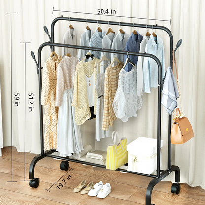 Clothes-Rack-for-Hanging-Clothes,-Double-Rods-Clothes-Rack-with-Wheels,-Multi-functional-Clothing-Rack-for-Bedroom,-4-Hooks