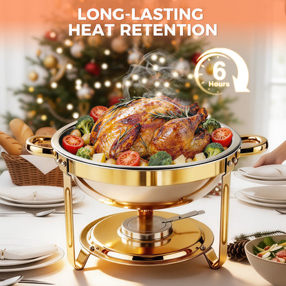 Round Half-Gold Plated Stainless Steel Chafing Dish with Stainless Steel Lid, Buffet Warmer Set, 4-Pack, for Home Gatherings, Christmas Parties, Catering Events